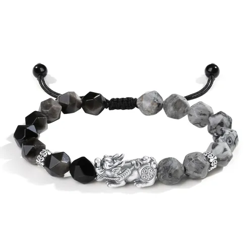 YINCHIE Obsidian S999 Fine Silver Beaded Bracelet Men's