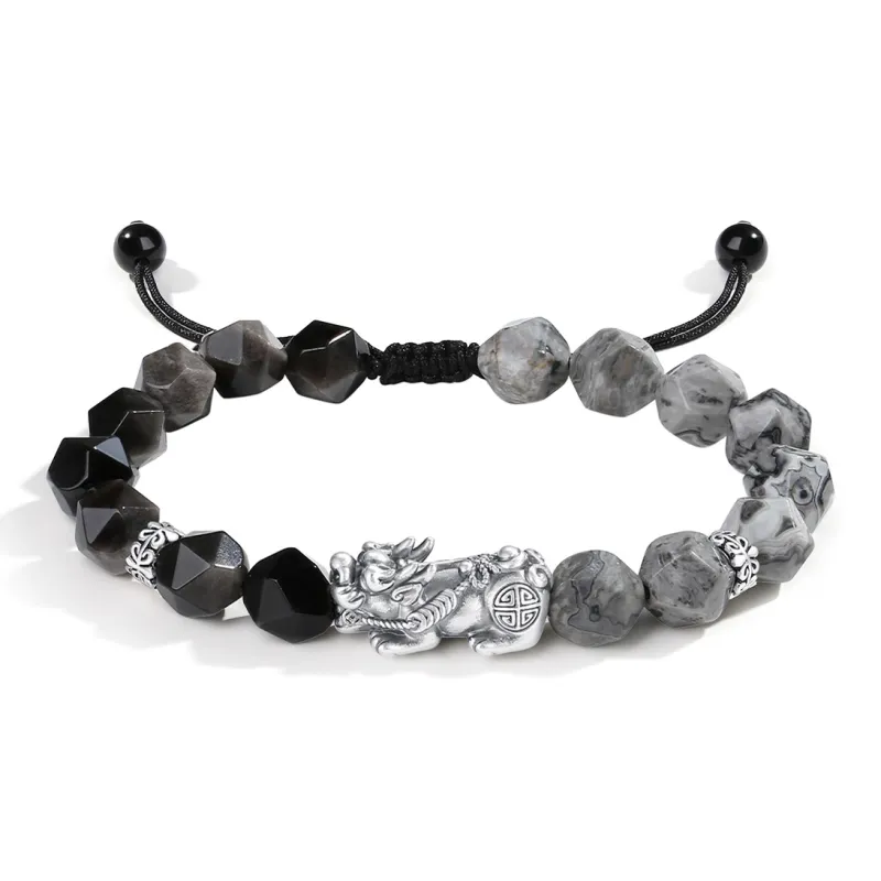 YINCHIE Obsidian S999 Fine Silver Beaded Bracelet Men's-0