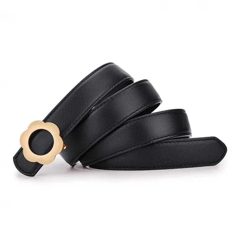 Old Man's Head New Arrival Small Flower Button Top Grain Cow Leather Leather Belts Women's Black 2.4cm-2