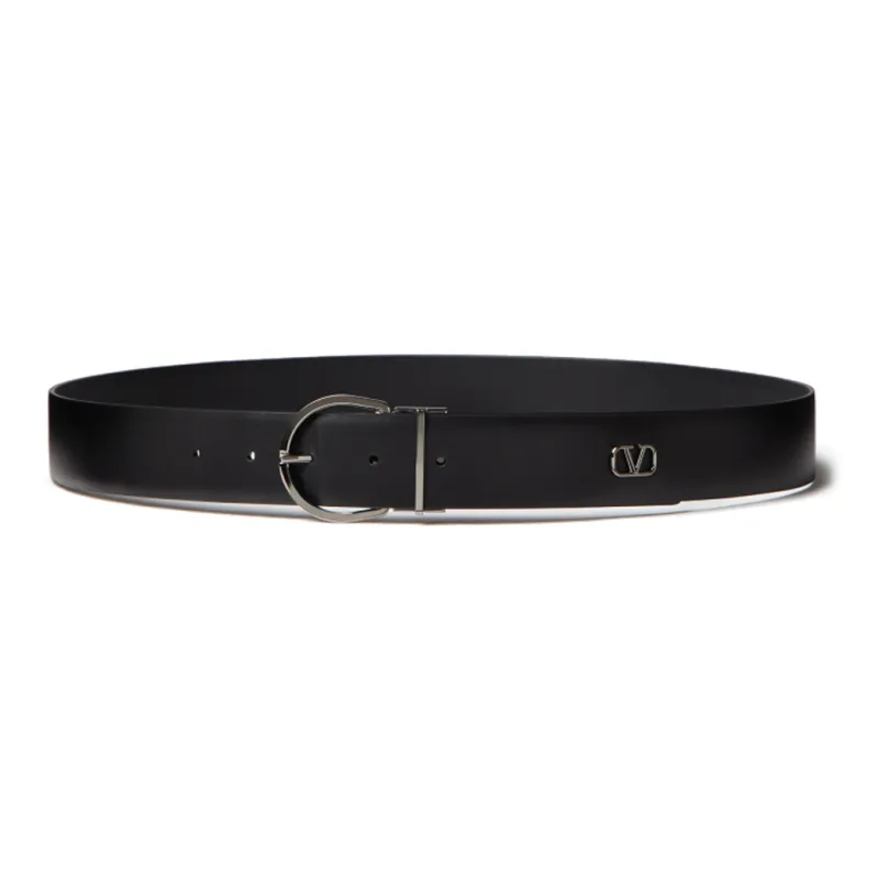 Valentino Letter Logo Pin Buckle Leather Belts Men's Black Width 3.5cm-0