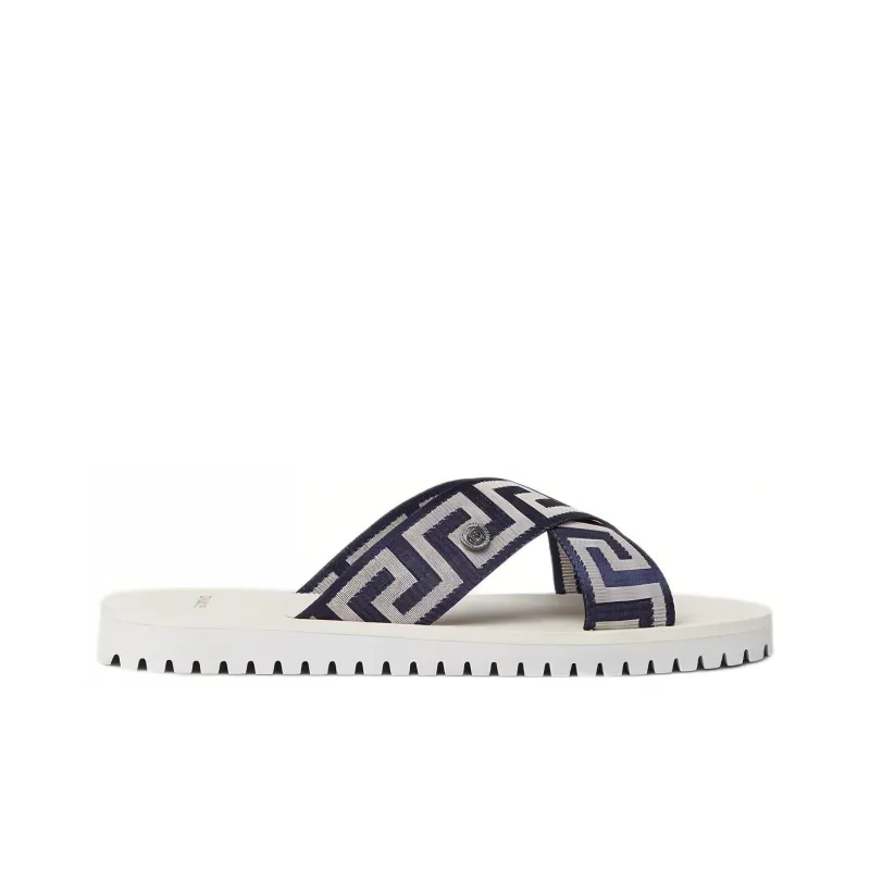 VERSACE Greca-Print Crossover-Strap Slide Navy White-1