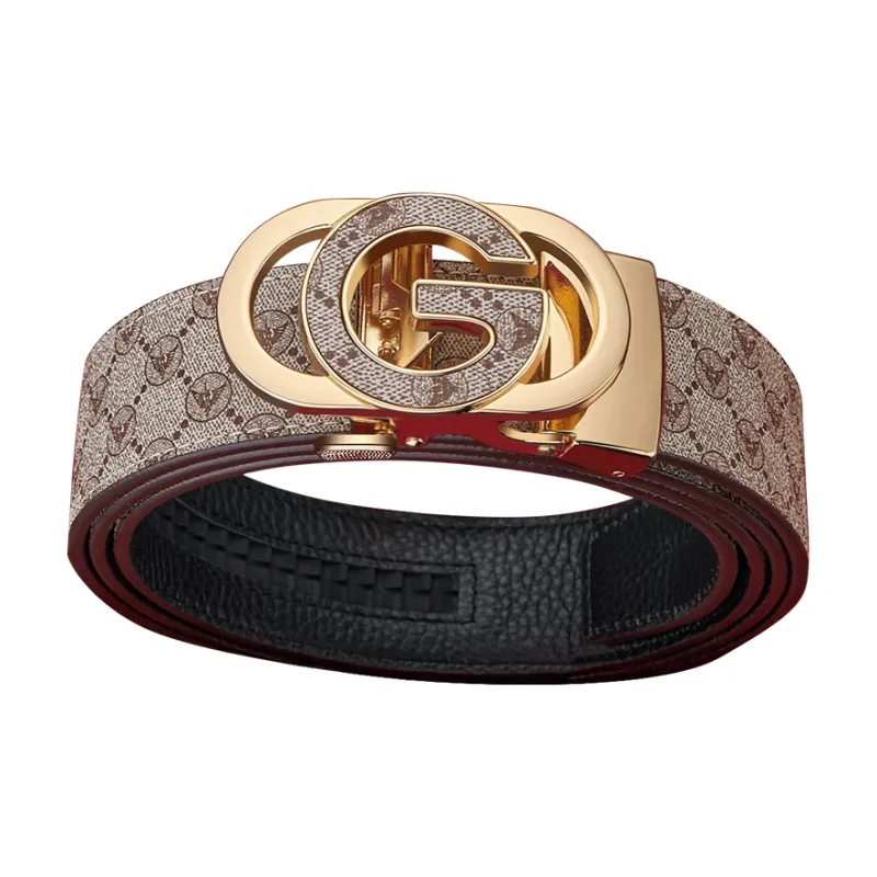 WilliamPOLO PVC Leather Belts Men's Gold Buckle Khaki Width 3.5cm-2