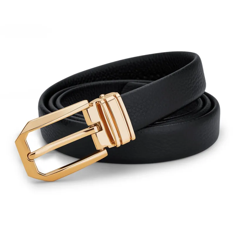 WilliamPOLO Cow Leather Leather Belts Women's Gold Buckle Black Strap 2.4cm Width-3