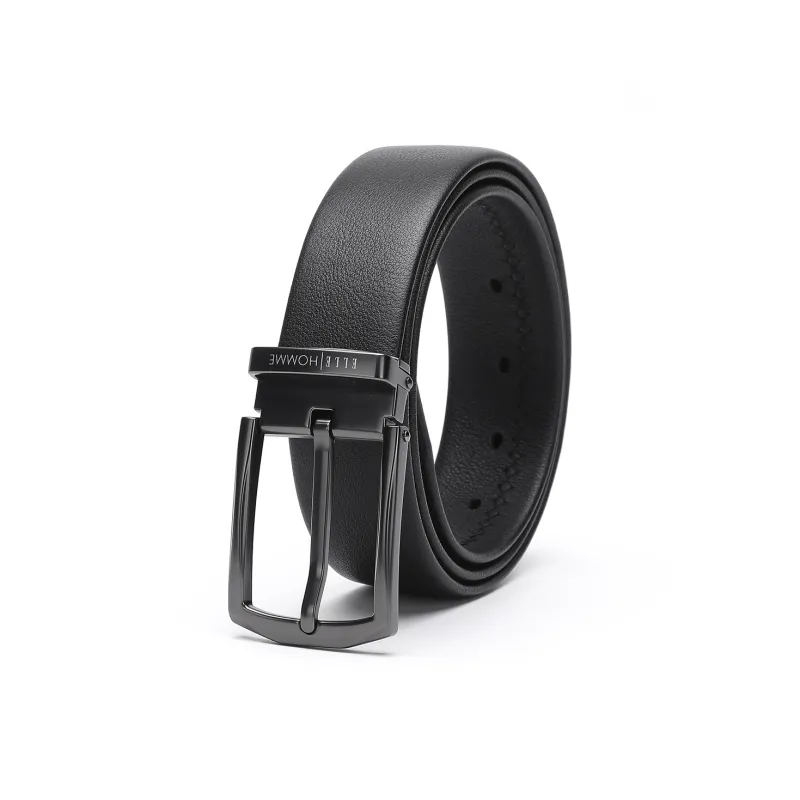 ELLE HOMME Pin Buckle Belt Casual Fashion Top Grain Cow Leather Belts Men's Black Width 3.4cm-15