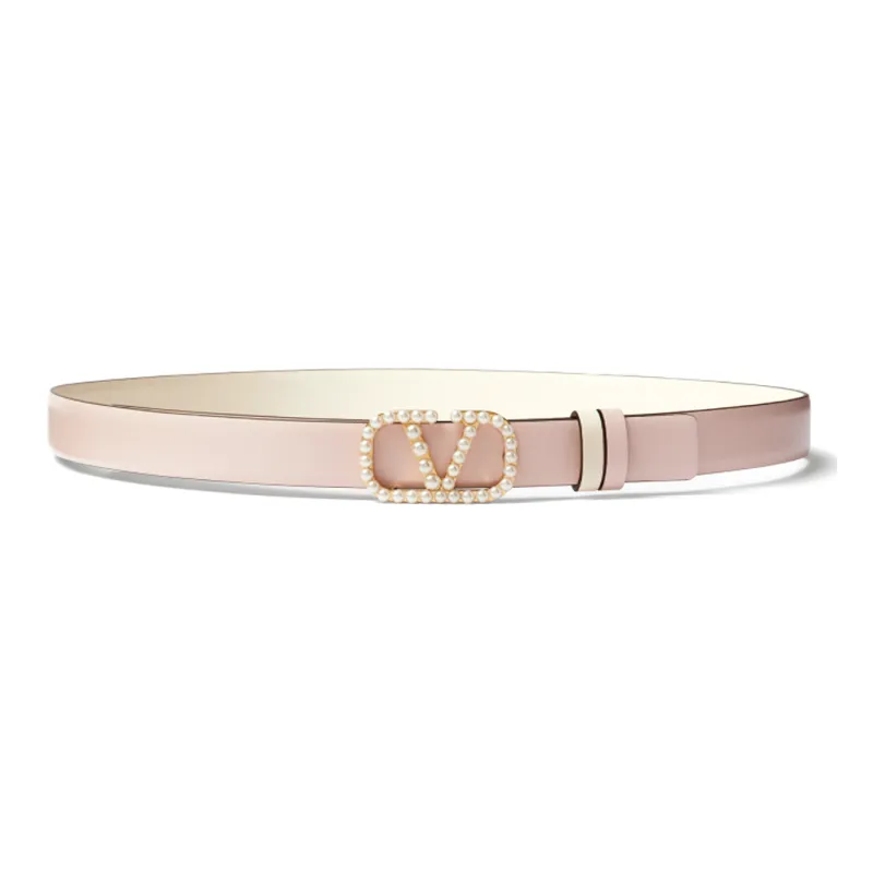 Valentino VLOGO SIGNATURE Shiny Calfskin Accented With Faux Pearl Smooth Buckle Leather Belts Women's Pink Width: 2CM-0