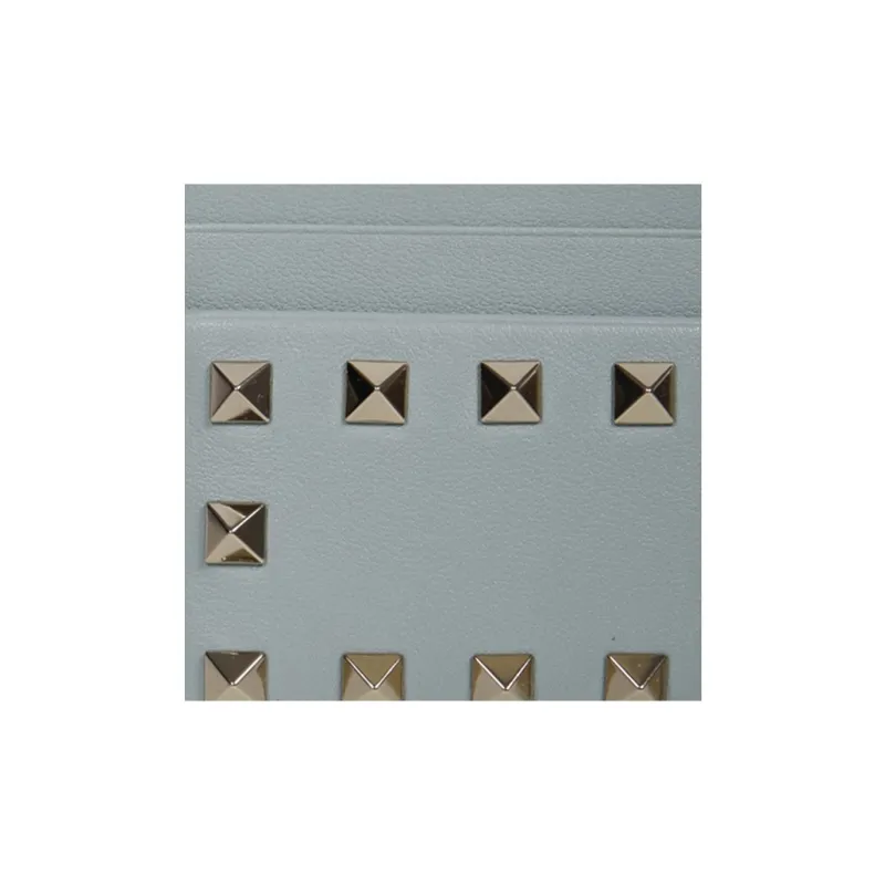 Valentino Rockstud Leather Card Holder Wallet Women's Gray Blue-3