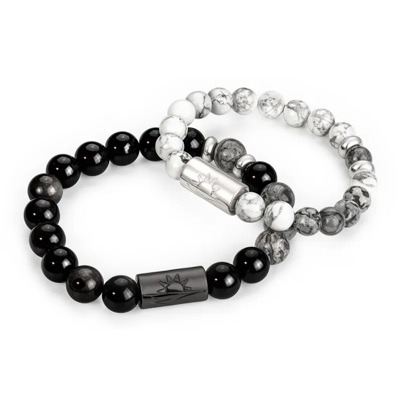 SIMPLE JOYS Obsidian White Turquoise Map Stone Bracelets Unisex Black, White, Gray Gift Box Set-0