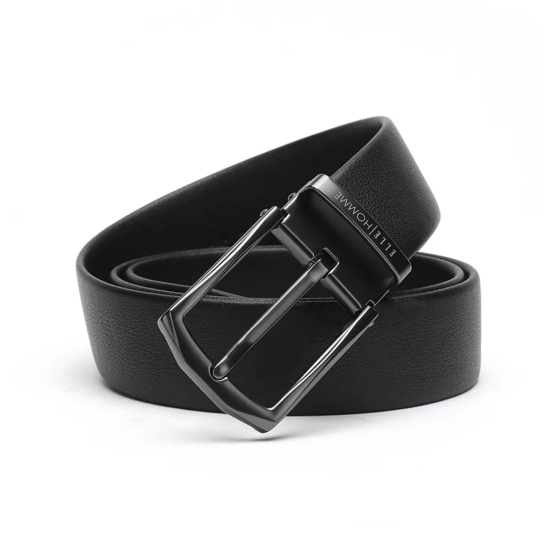 ELLE HOMME Pin Buckle Belt Casual Fashion Top Grain Cow Leather Belts Men's Black Width 3.4cm-14