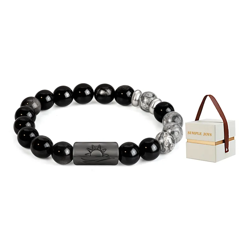 SIMPLE JOYS Obsidian White Turquoise Map Stone Bracelets Unisex Black, White, Gray Gift Box Set-9