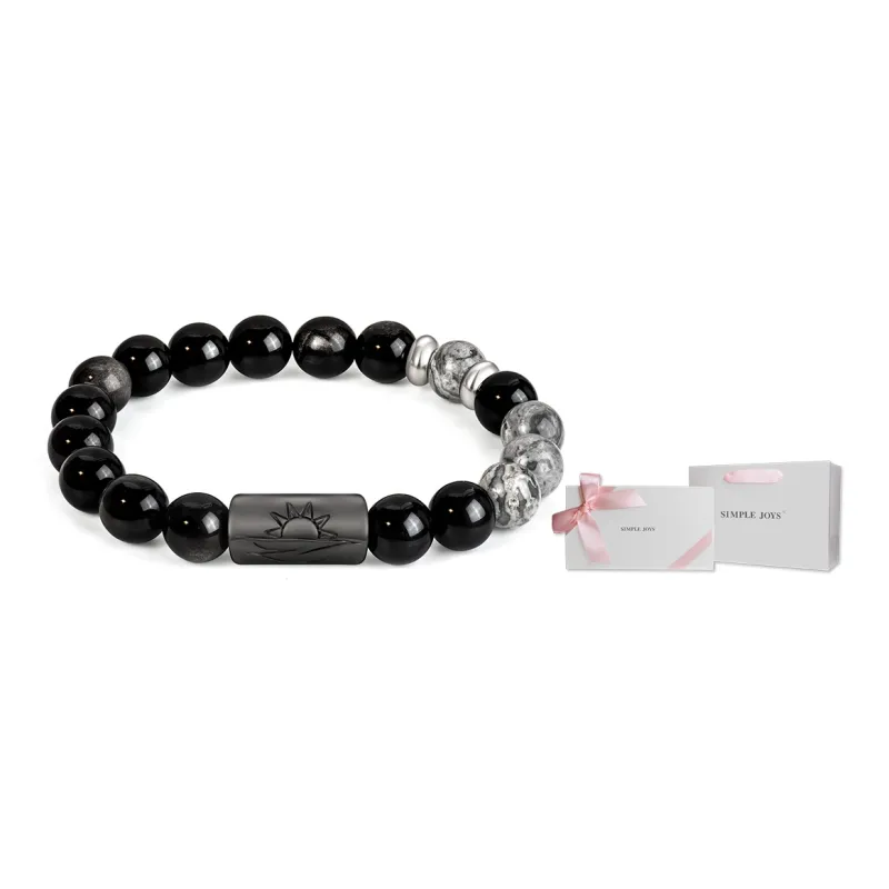 SIMPLE JOYS Obsidian White Turquoise Map Stone Bracelets Unisex Black, White, Gray Gift Box Set-32