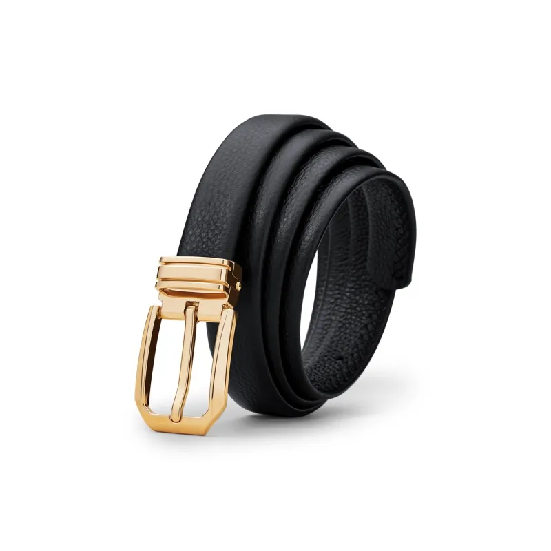 WilliamPOLO Cow Leather Leather Belts Women's Gold Buckle Black Strap 2.4cm Width-1