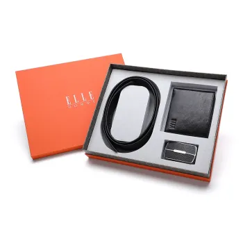 ELLE HOMME Automatic Buckle Belt Wallet Two Piece Set Box Cow Leather Men's Black Width 3.7cm