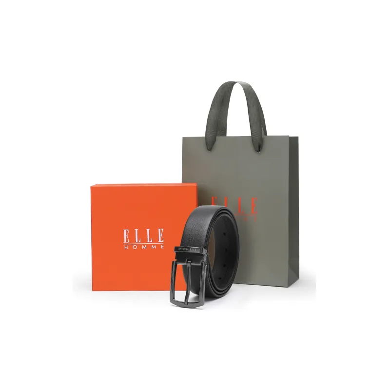 ELLE HOMME Pin Buckle Belt Casual Fashion Top Grain Cow Leather Belts Men's Black Width 3.4cm-18