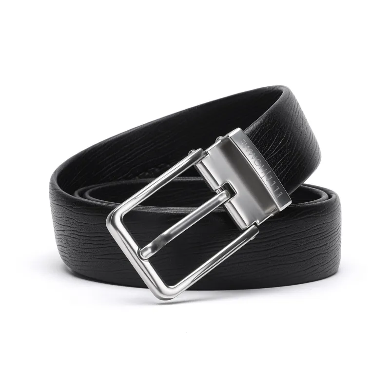 ELLE HOMME Pin Buckle Belt Casual Fashion Top Grain Cow Leather Belts Men's Black Width 3.4cm-4