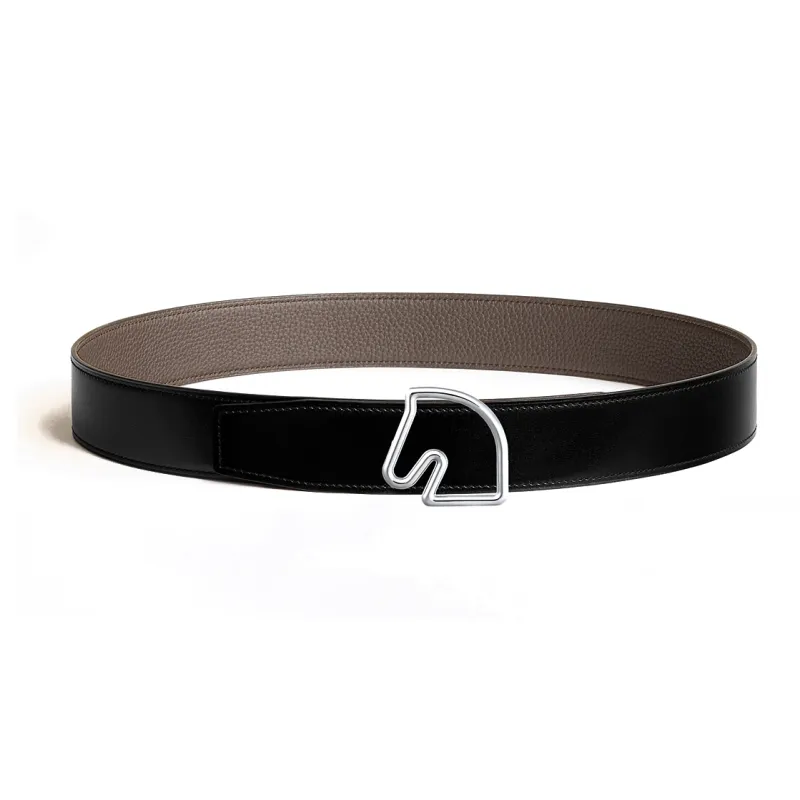 HERMES Tete De Cheval Horse Head Buckle Double Sided, Smooth Buckle Leather Belts Men's Black/Light Umber Width 3.8cm-0