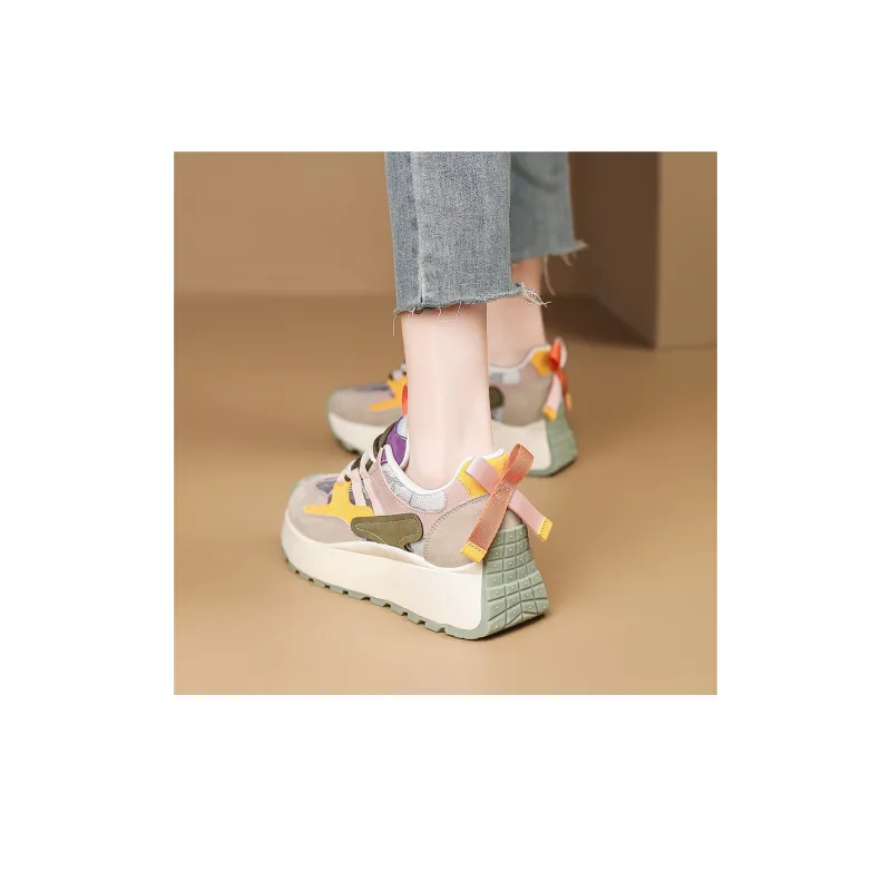 FOXER Cushioning Abrasion Resistant Lightweight Height Increasing Mat Low Top Chunky Sneakers Women's Beige/Pink/Yellow-4