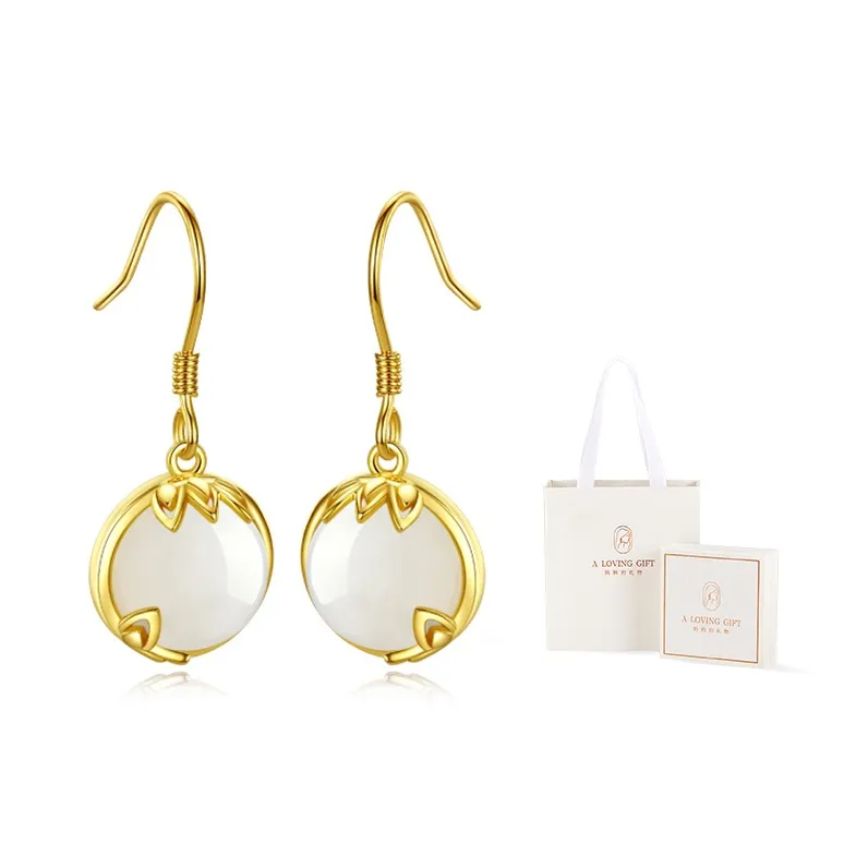 Mom's Gift Hetian Jade Earrings Pale Greenish White Jade Women's-1