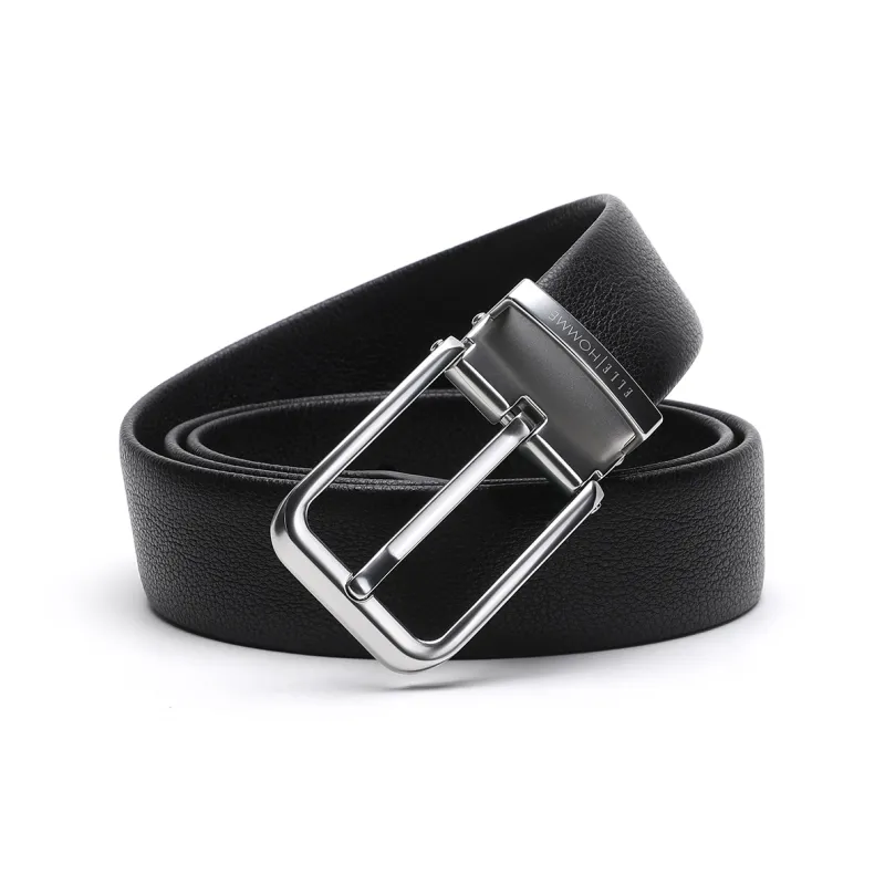 ELLE HOMME Pin Buckle Belt Casual Fashion Top Grain Cow Leather Belts Men's Black Width 3.4cm-0