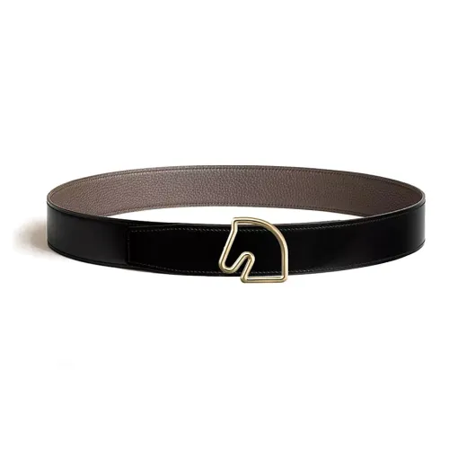 HERMES Gold Horse Head Smooth Buckle Leather Belts Men's Black/Light Brown 3.8CM
