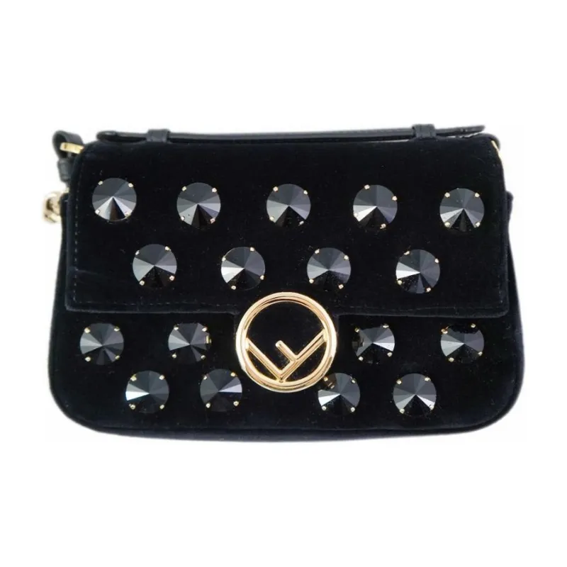FENDI Leather With Velvet Crossbody Bag Shoulder Bag Extra Mini Women's Black-0