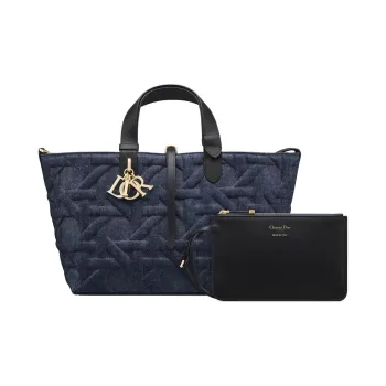 DIOR Fabric Cow Leather Patchwork Handbag Medium Size Women's Blue