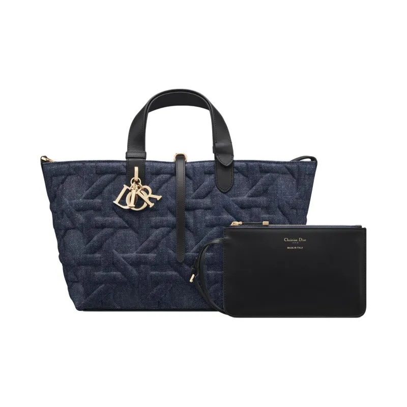 DIOR Fabric Cow Leather Patchwork Handbag Medium Size Women's Blue-0