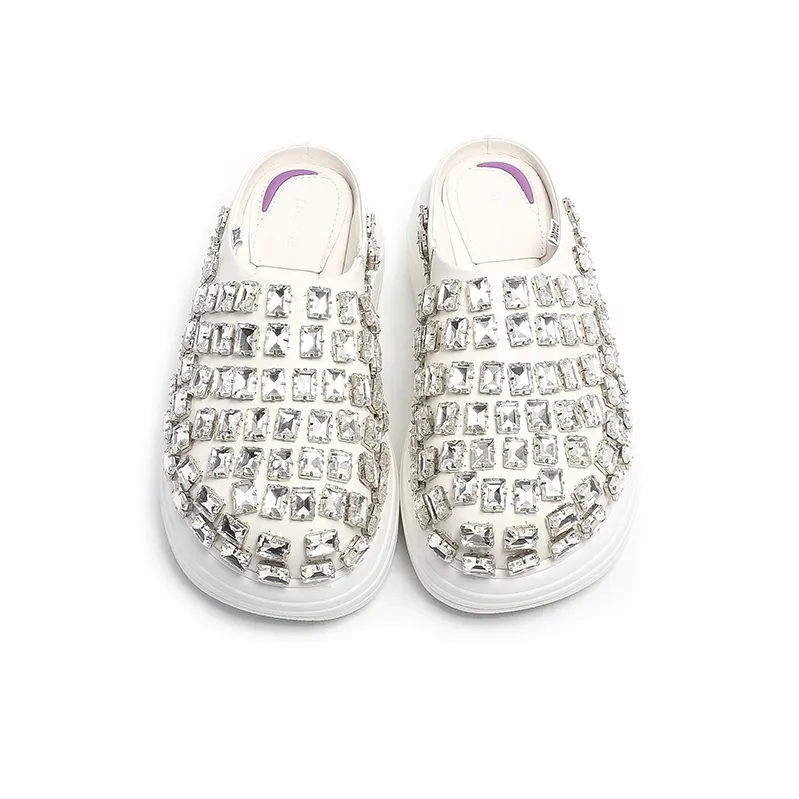 BLOCCO5 Rubber Sole Rhinestone Stud Abrasion Resistant Slip Resistant Wrap toe Slippers Women's-8