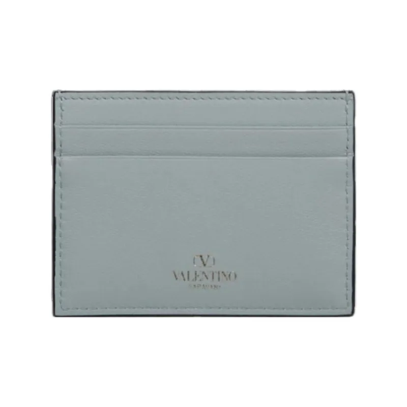 Valentino Rockstud Leather Card Holder Wallet Women's Gray Blue-2