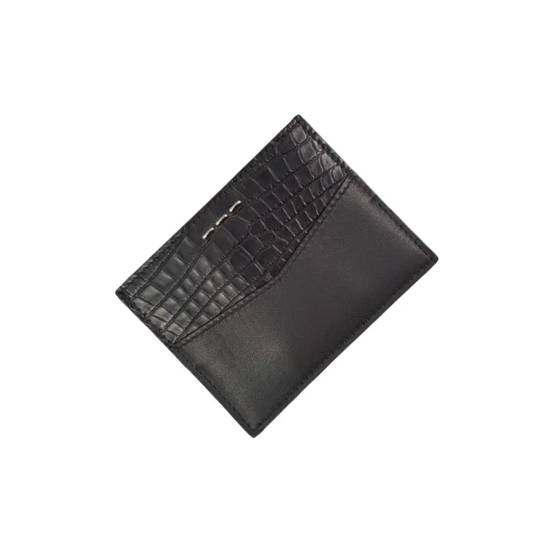 FENDI Crocodile Leather Patchwork Calfskin Card Holder Men's Black-2