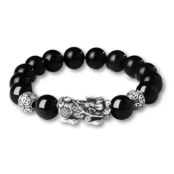 YINCHIE Obsidian S999 Fine Silver Beaded Bracelet Men's