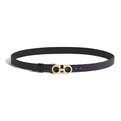FERRAGAMO Double Sided Gold Tone Lock Cross Ribbed, Cow Leather Belt, Blue Black, Width 2.5cm Unisex