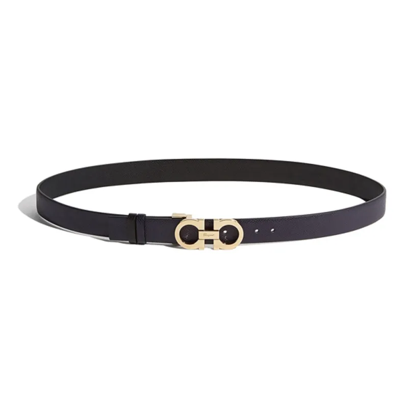 FERRAGAMO Double Sided Gold Tone Lock Cross Ribbed, Cow Leather Belt, Blue Black, Width 2.5cm Unisex-0