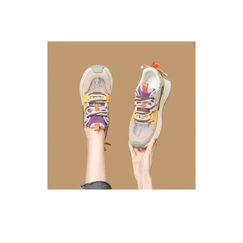 FOXER Cushioning Abrasion Resistant Lightweight Height Increasing Mat Low Top Chunky Sneakers Women's Beige/Pink/Yellow-5