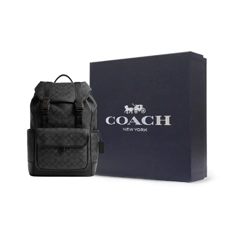 COACH League Artificial Leather Cow Leather Patchwork Fabric With Leather Backpack Large Size Men's Charcoal Gray-6