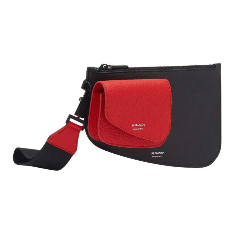 FERRAGAMO Embossed Calfskin Clutch Unisex Flame Red & Black-1