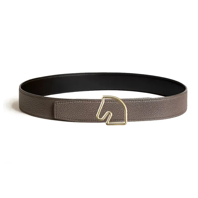 HERMES Tete De Cheval Gold Horse Head Smooth Buckle Leather Belts Men's Black/Light Umber 3.8CM-1