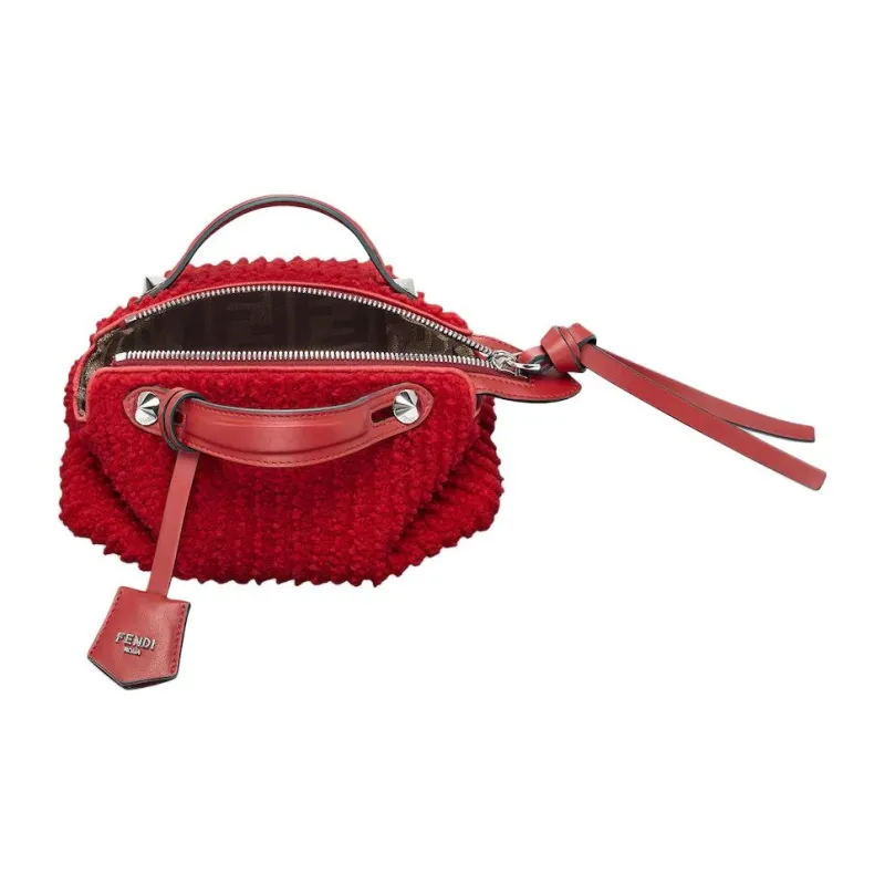 FENDI FF Pattern Jacquard Fabric Sheepskin Handbag Mini Women's Red-4