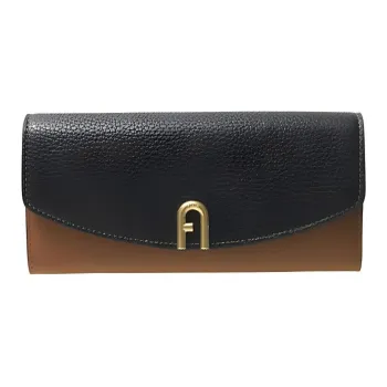 Furla Grained Leather Patchwork Calfskin Wallet Extra Large Women's Black/Cognac Brown/Gray