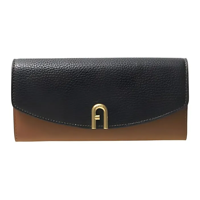 Furla Grained Leather Patchwork Calfskin Wallet Extra Large Women's Black/Cognac Brown/Gray-0
