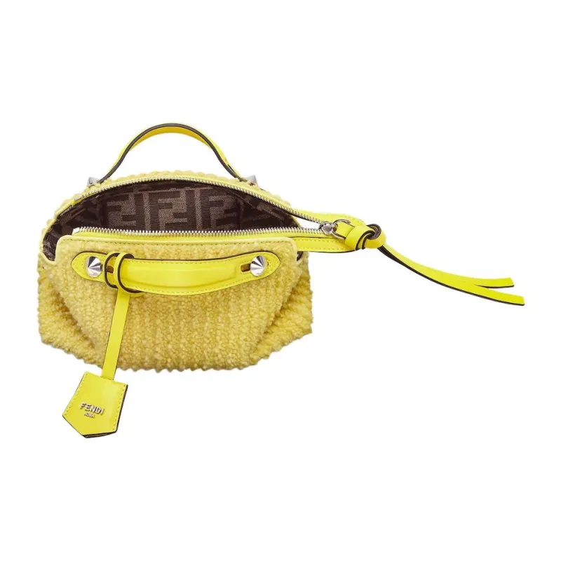 FENDI FF Pattern Jacquard Fabric Sheepskin Handbag Mini Women's Yellow-4