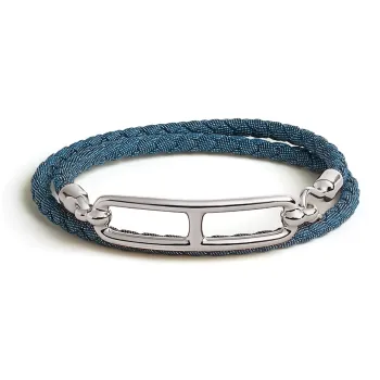 HERMES Palladium Plated Denim Cotton Bracelets Women's Blue