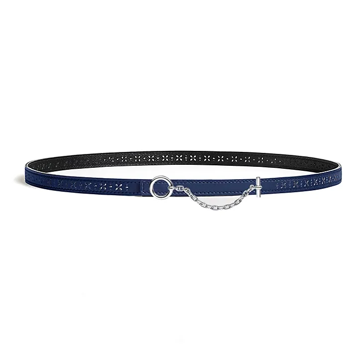 HERMES Cut-Out Floral Ring Buckle Leather Belts Women's Blue Width 1.3CM-1