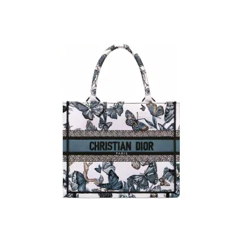 DIOR BookTote Embroidery Tote Bag Shopping Bag Handbag Small Size Women's White & Light Midnight Blue