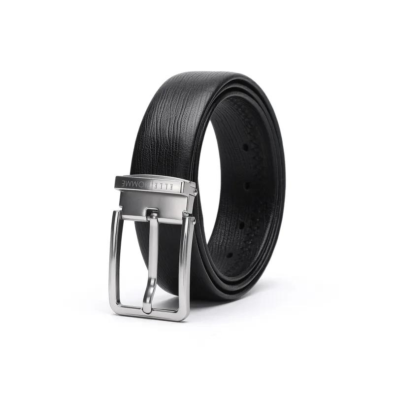 ELLE HOMME Pin Buckle Belt Casual Fashion Top Grain Cow Leather Belts Men's Black Width 3.4cm-5