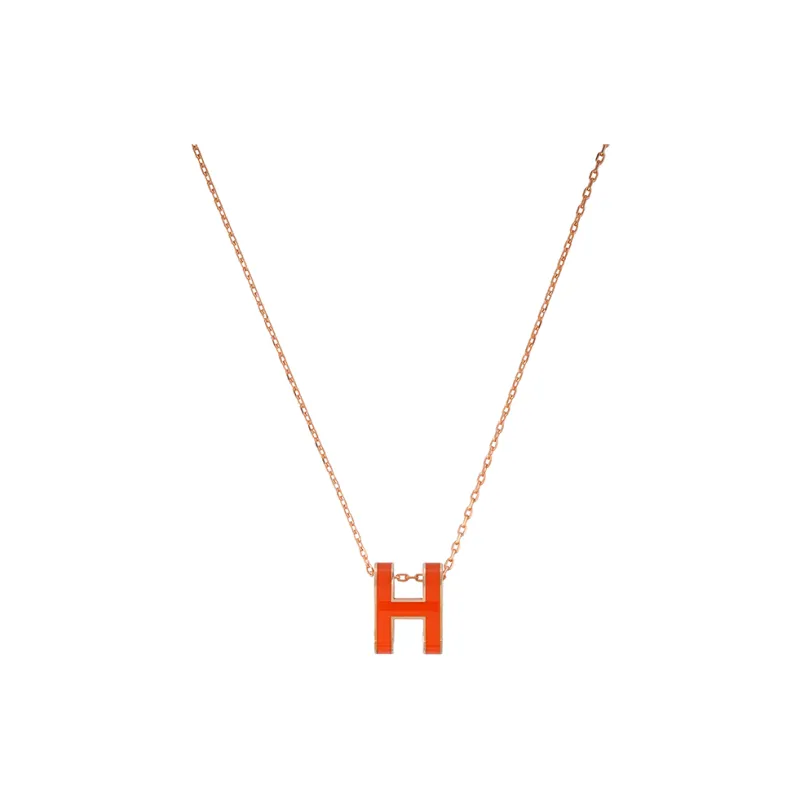 HERMES Gold-Plated Necklaces Women's Graffiti Orange Pendant Rose Gold Chain-0