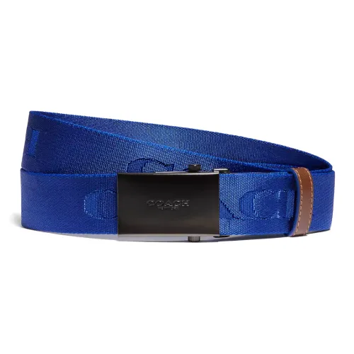 COACH Logo Jacquard Leather Belts Men's Blue Width: 3.5cm