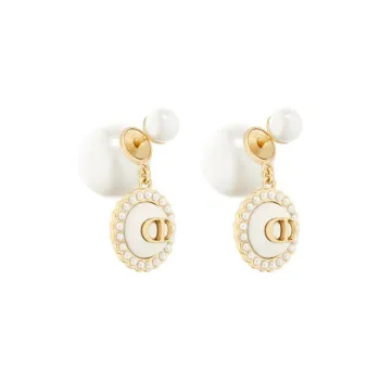DIOR Resin Pearl Metal Glass Earrings Women's Gold/White