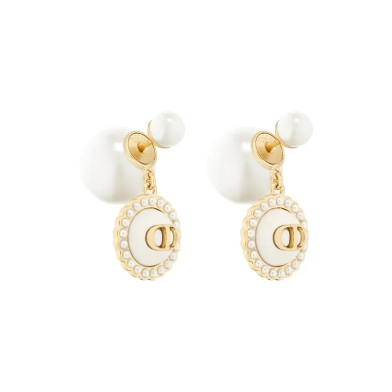 DIOR Resin Pearl Metal Glass Earrings Women's Gold/White-0