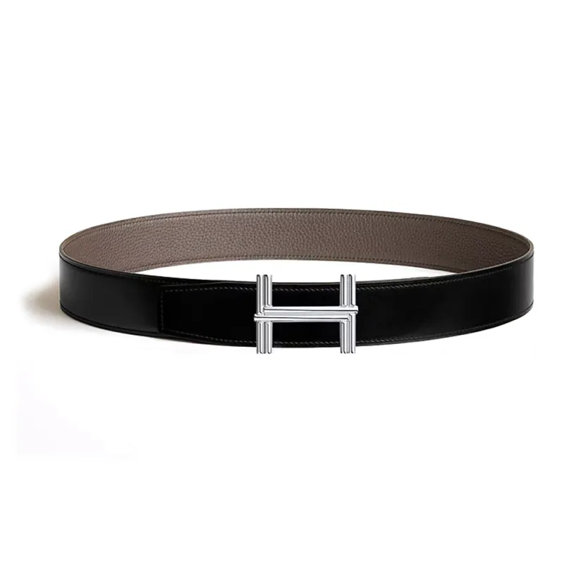 HERMES Strap Togo Calfskin Leather Belts Men's Black Width 3.8CM-0