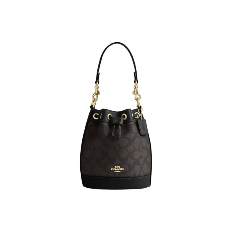 COACH Dempsey PVC With Leather Bucket Bag, One Shoulder Handbag, Crossbody Bag Mini Women's Dark Brown-0